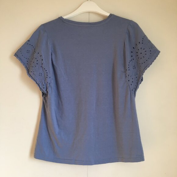 GAP Periwinkle Blue Eyelet Sleeve Cotton Modal Cottagecore Tee - Picture 2 of 14
